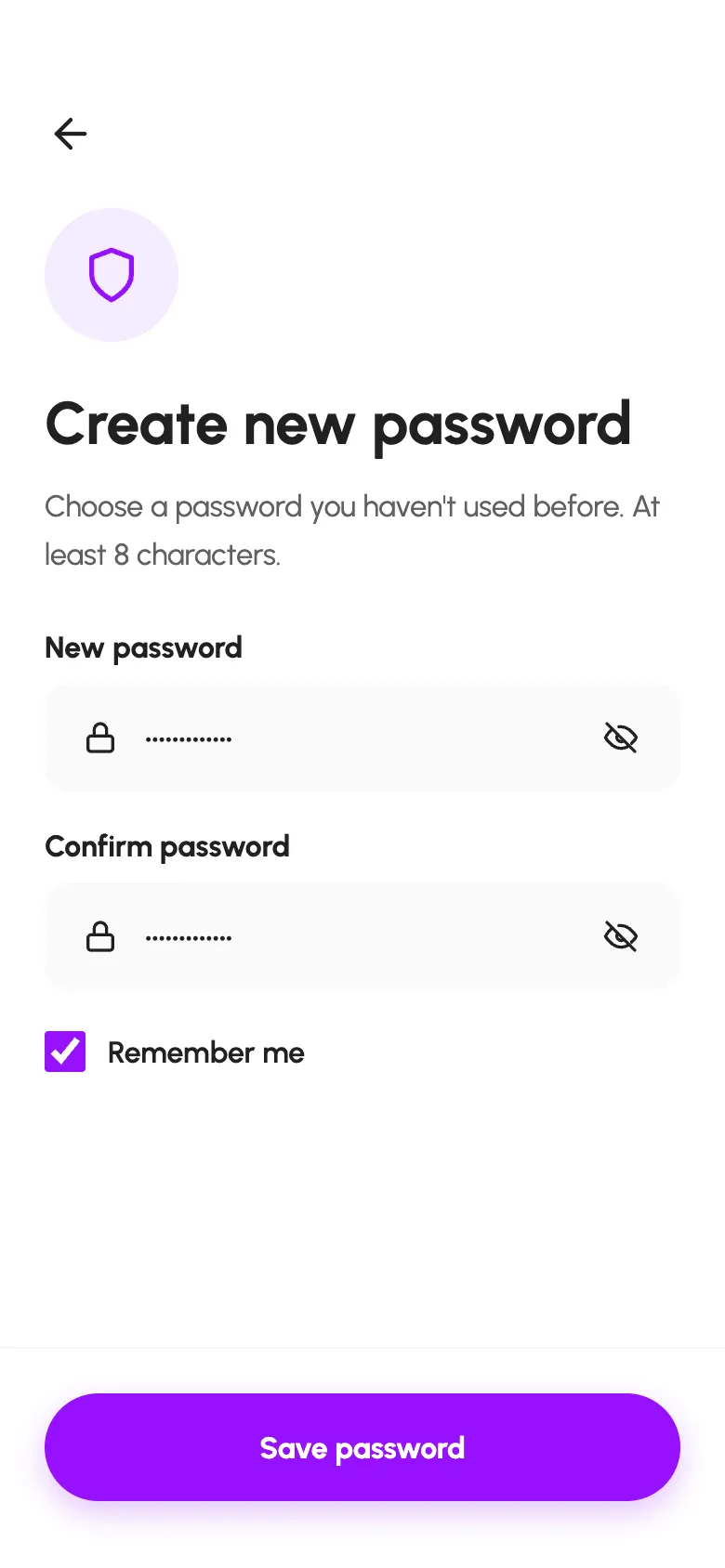 Datify new password screen