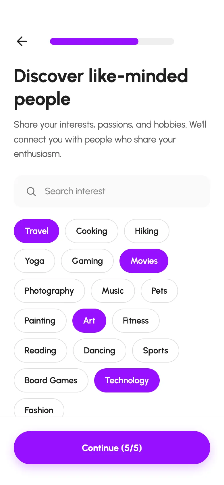 Datify interests step in profile setup