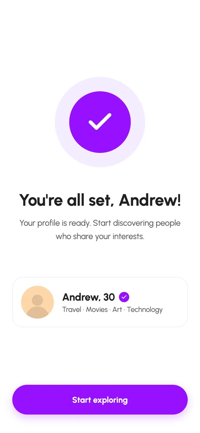 Datify profile ready screen at the end of setup