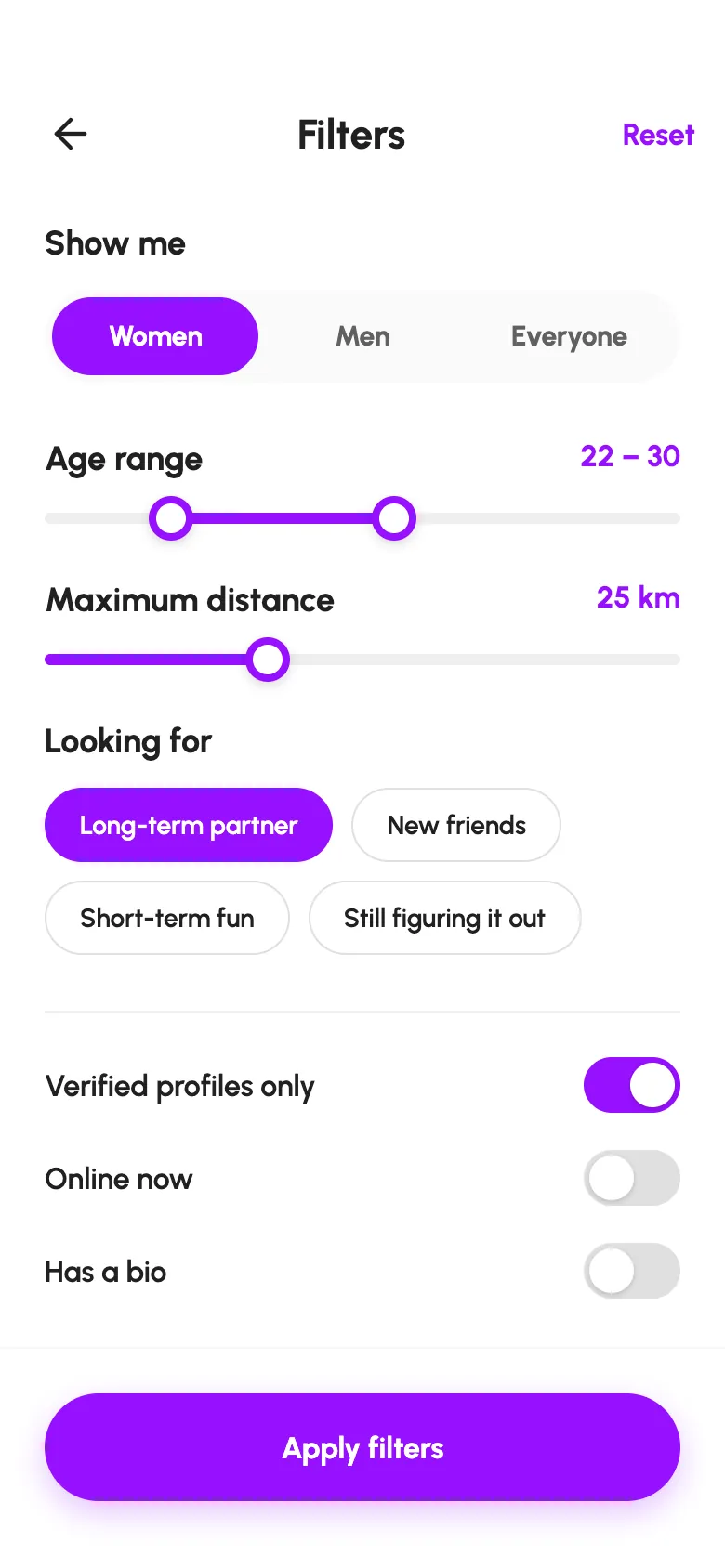 Datify filters for who to show, age range, maximum distance, intent, verified profiles and who is online
