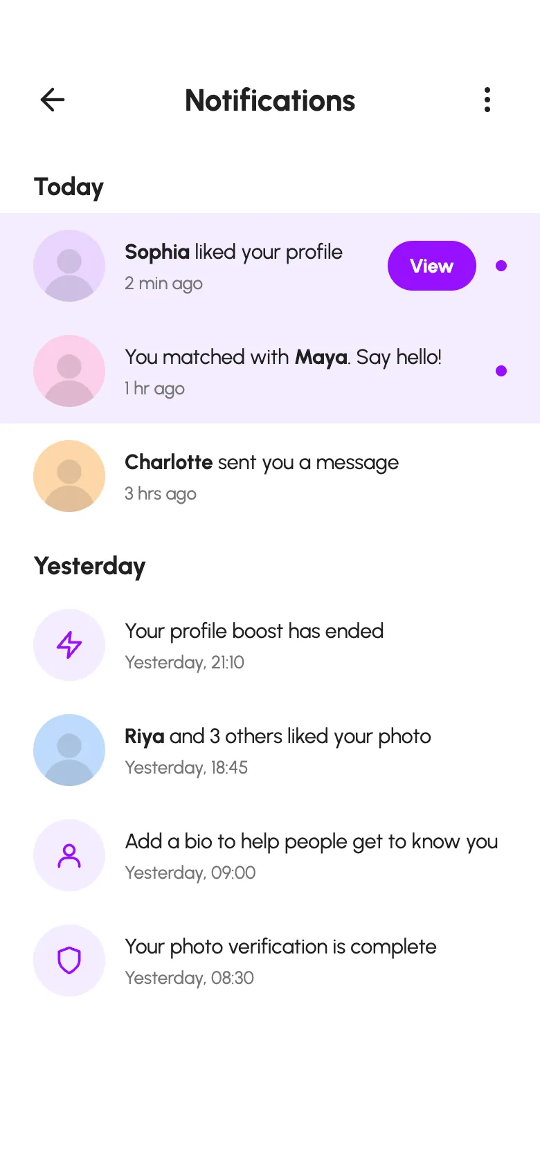 Datify notifications for likes, matches, messages, a boost and photo verification