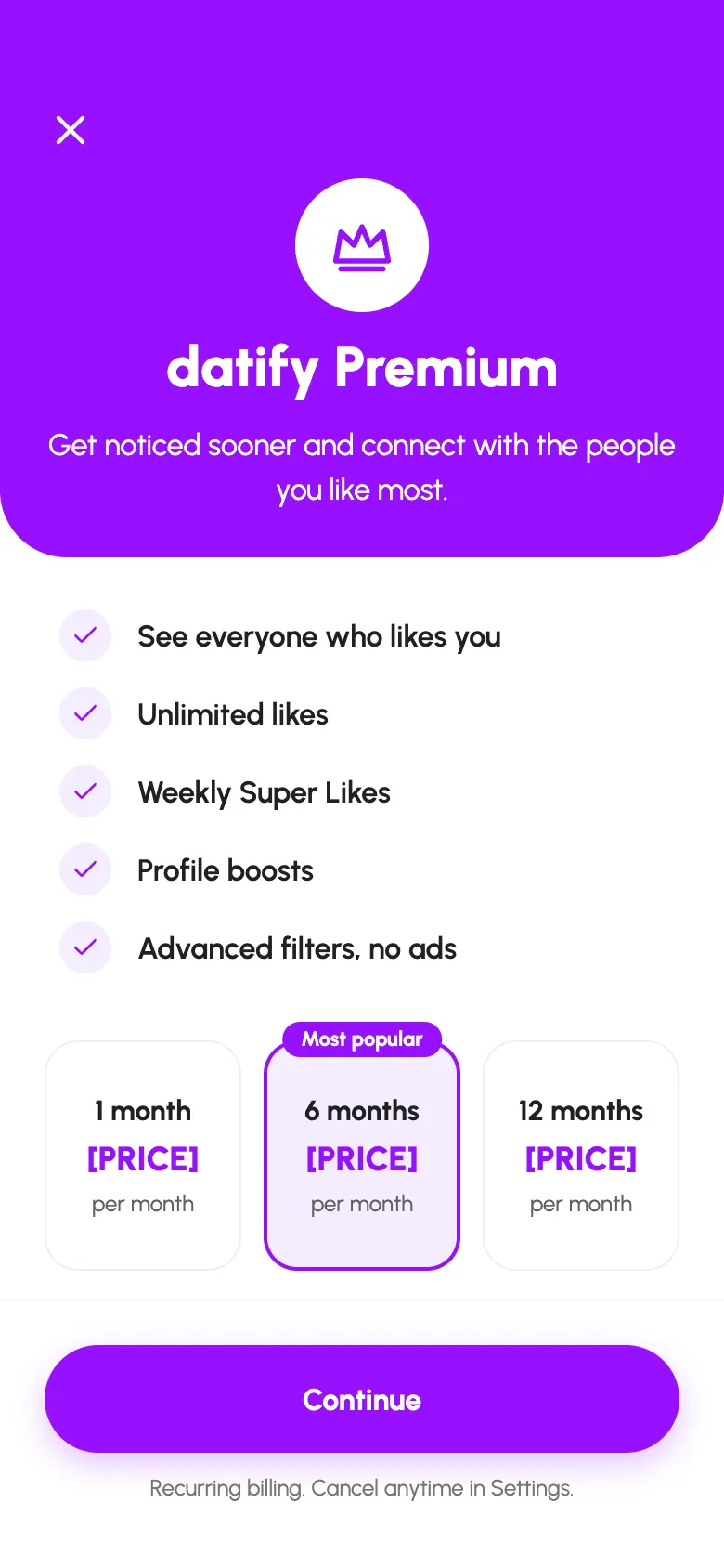 Datify Premium screen for likes, super likes, boosts and advanced filters. Prices on the screen are placeholders