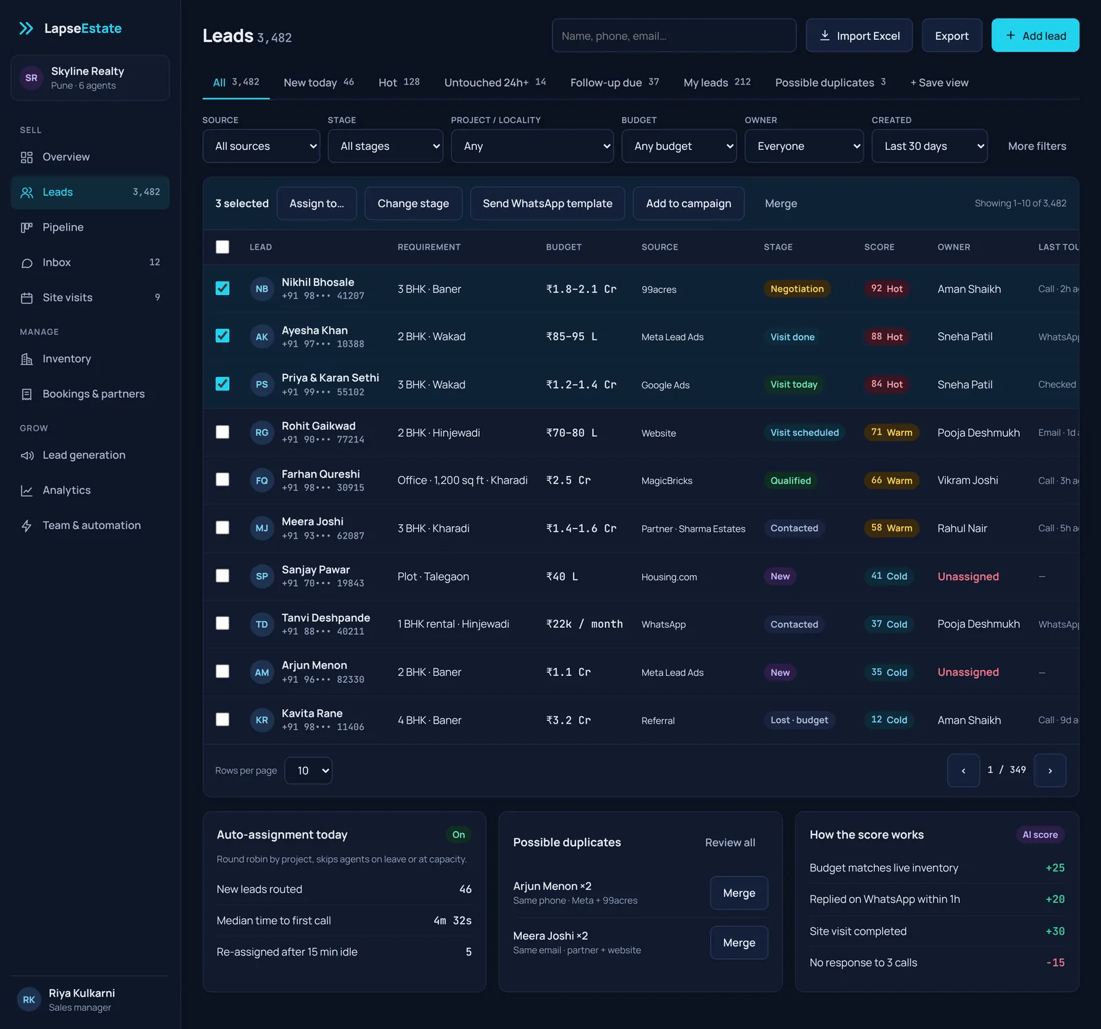 LapseEstate lead list with saved views, filters, AI lead scores and bulk WhatsApp actions