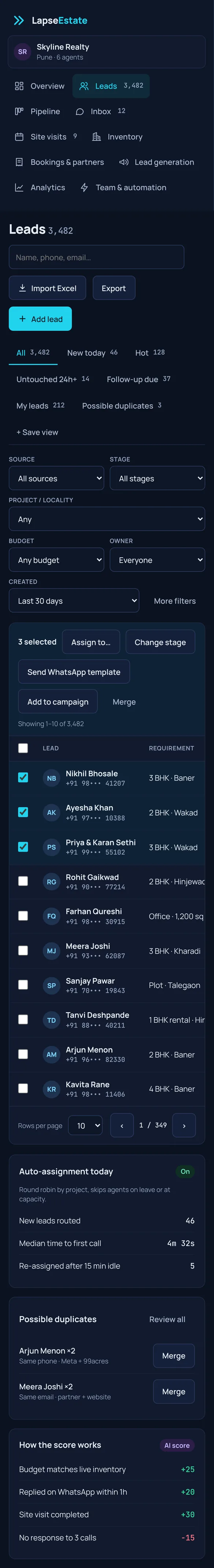 LapseEstate lead list on a phone, with filters and lead scores