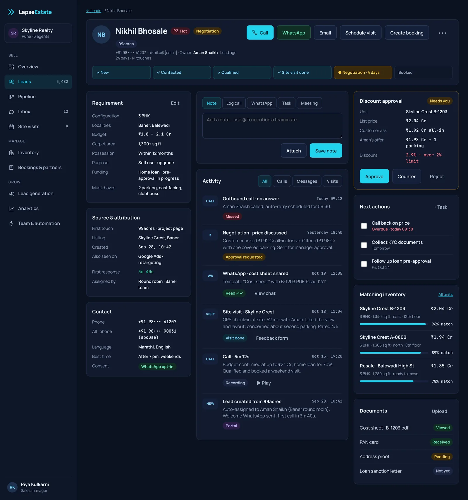LapseEstate lead detail with a stage tracker, activity timeline, matching inventory and a documents checklist