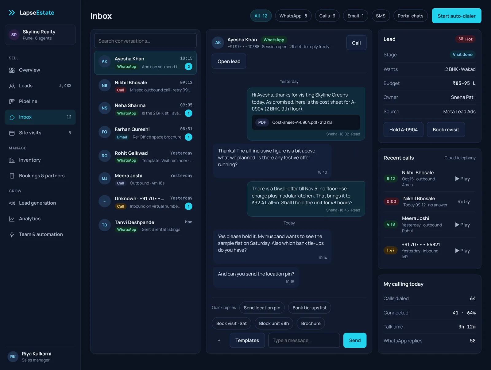 LapseEstate inbox combining WhatsApp, calls, email and portal chats with quick replies