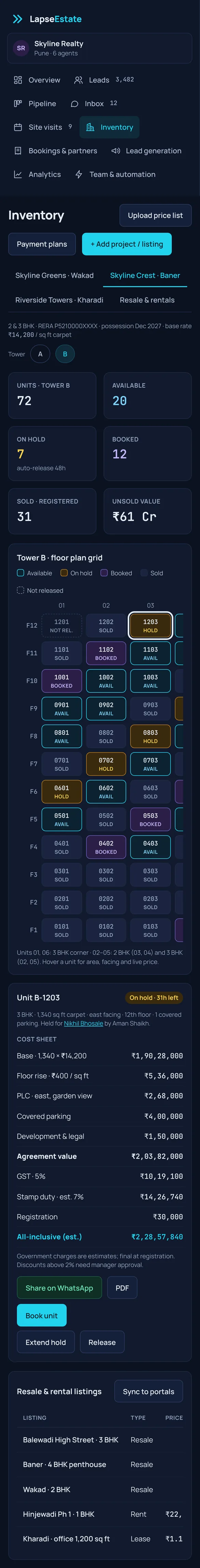 LapseEstate inventory and cost sheet on a phone, with unit status and pricing