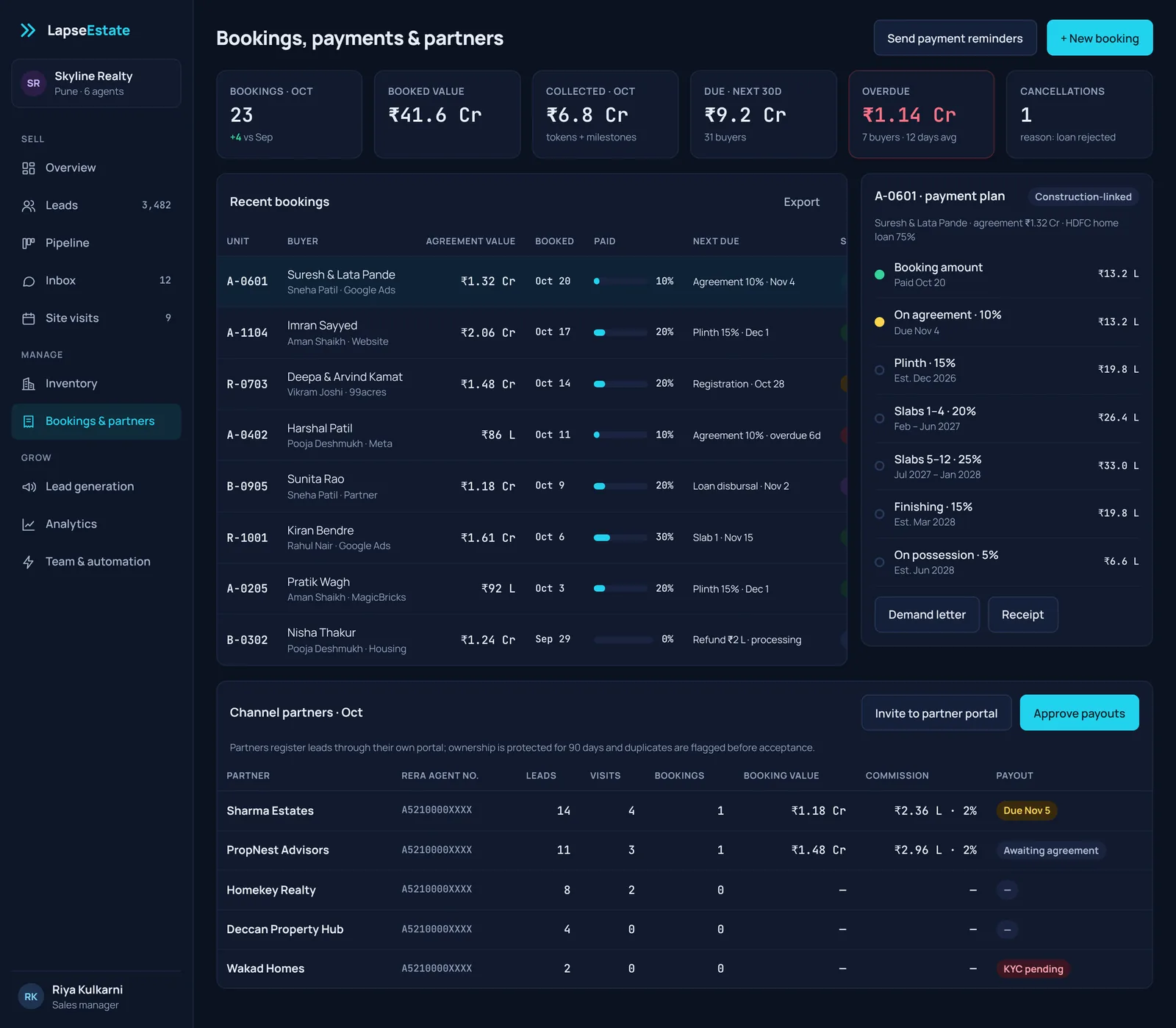 LapseEstate bookings and payments with a construction-linked plan, overdue tracking and channel partners