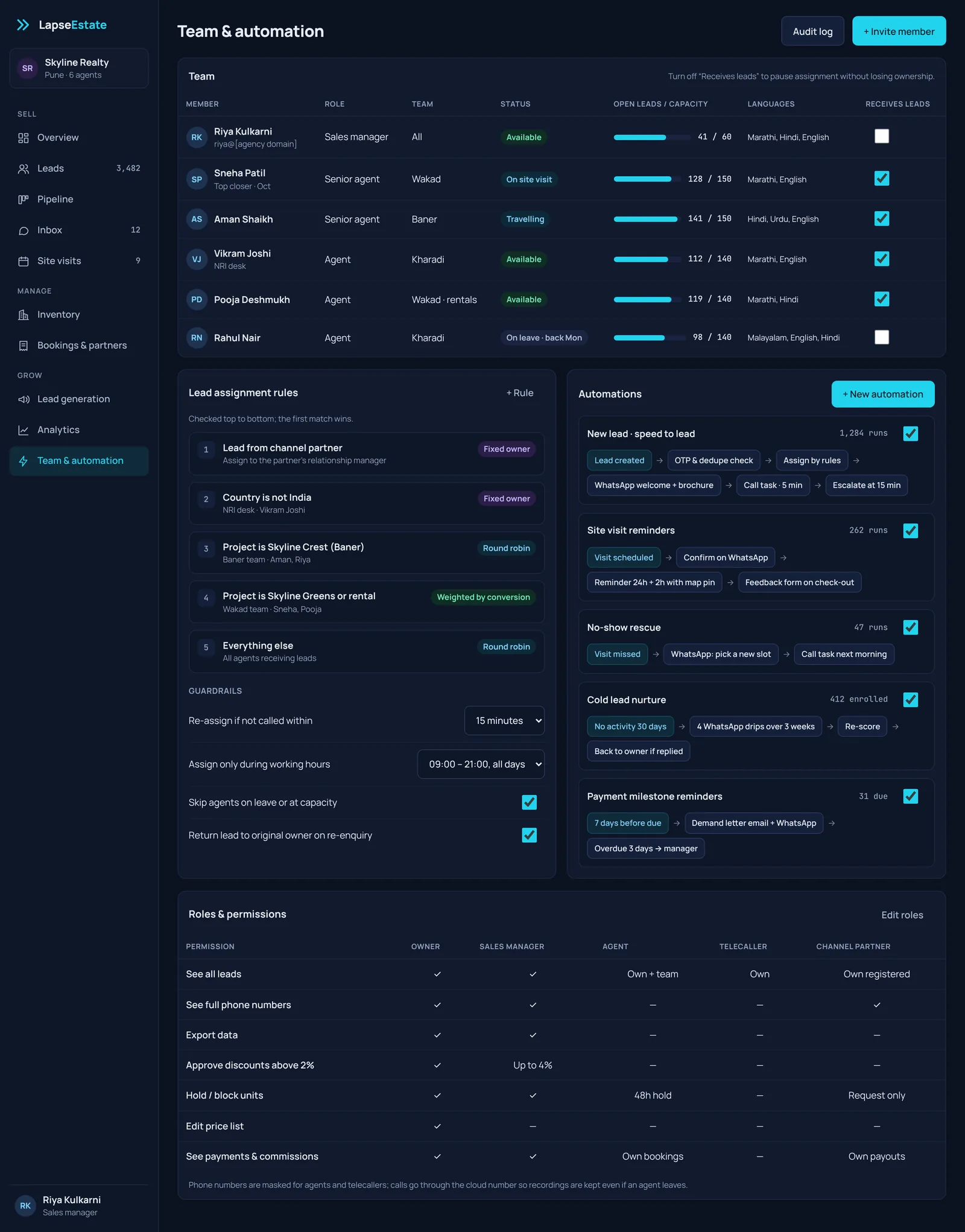 LapseEstate team and automation screen with assignment rules, workflow flows and role permissions