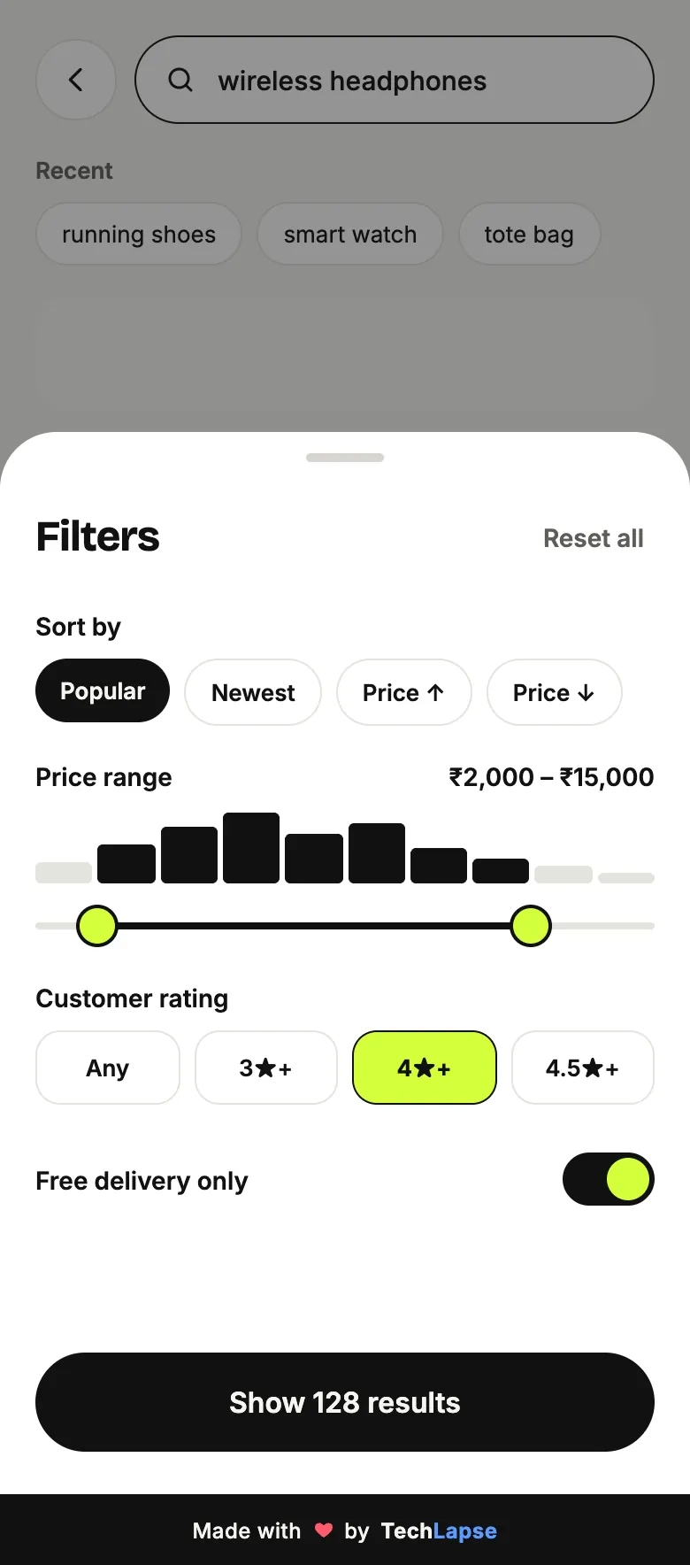 Lumière search screen with sort, a price-range filter, rating and free-delivery filters
