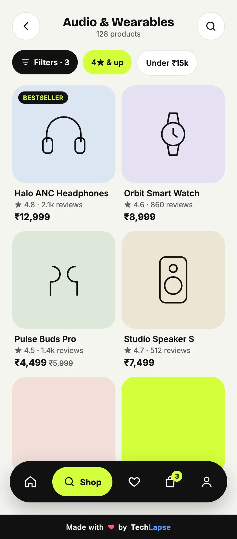 Lumière category listing of products in a grid