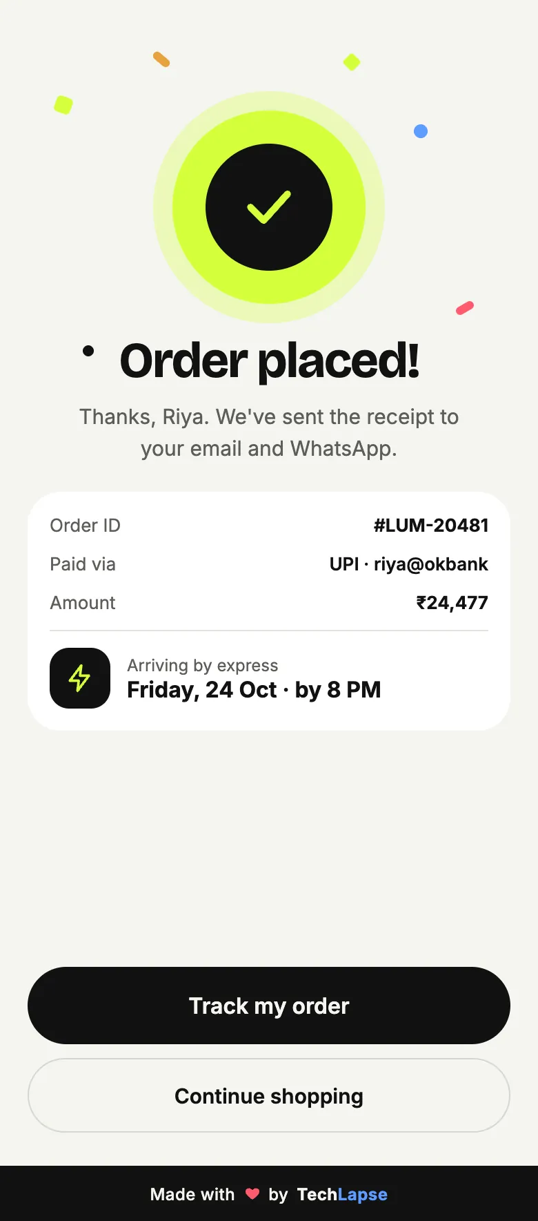 Lumière order placed confirmation screen