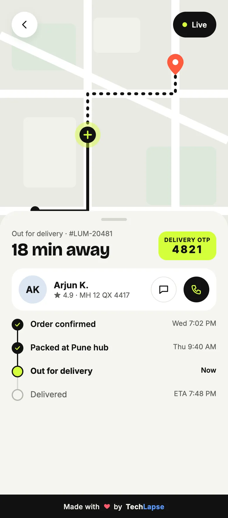 Lumière live order tracking screen with a map route, rider details, a delivery OTP and a status timeline
