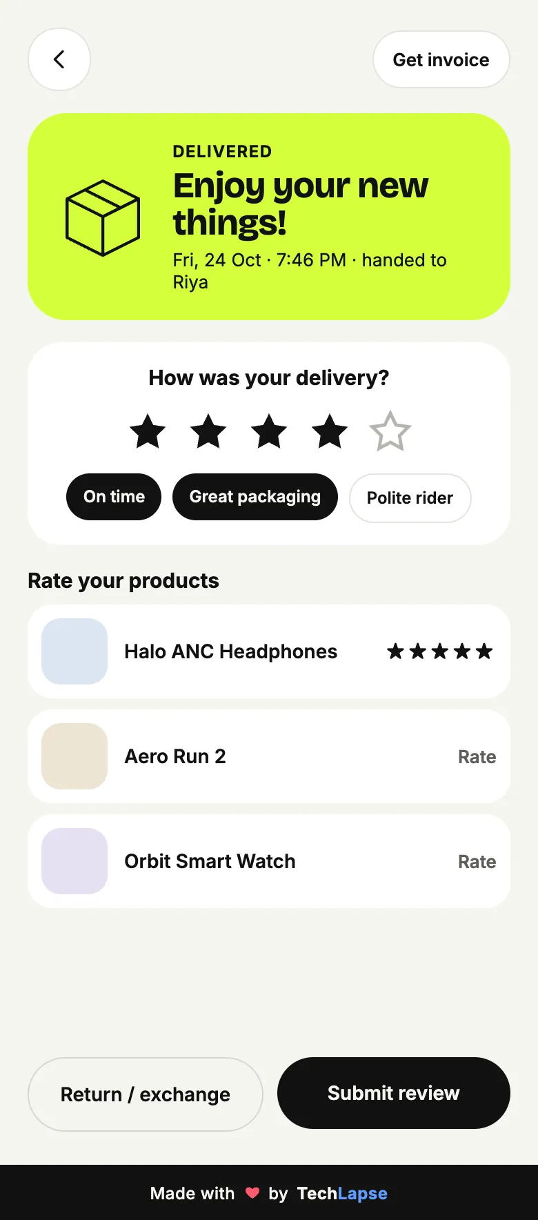 Lumière delivered screen with delivery and product ratings and a return or exchange option