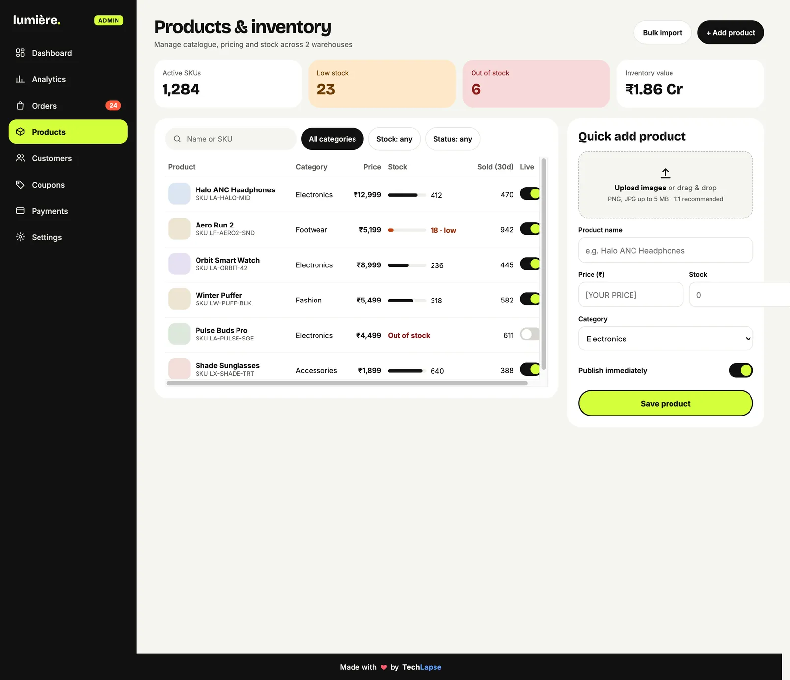 Lumière admin products and inventory screen with a low-stock alert